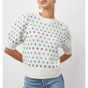 Rails Marie Alpine Floral Wool Cotton Puff Sleeve Sweater White XL